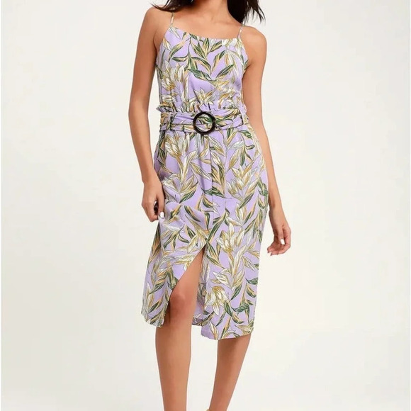 J.O.A. Dresses & Skirts - J.O.A. Raya Lavender Tropical Belted Midi Dress